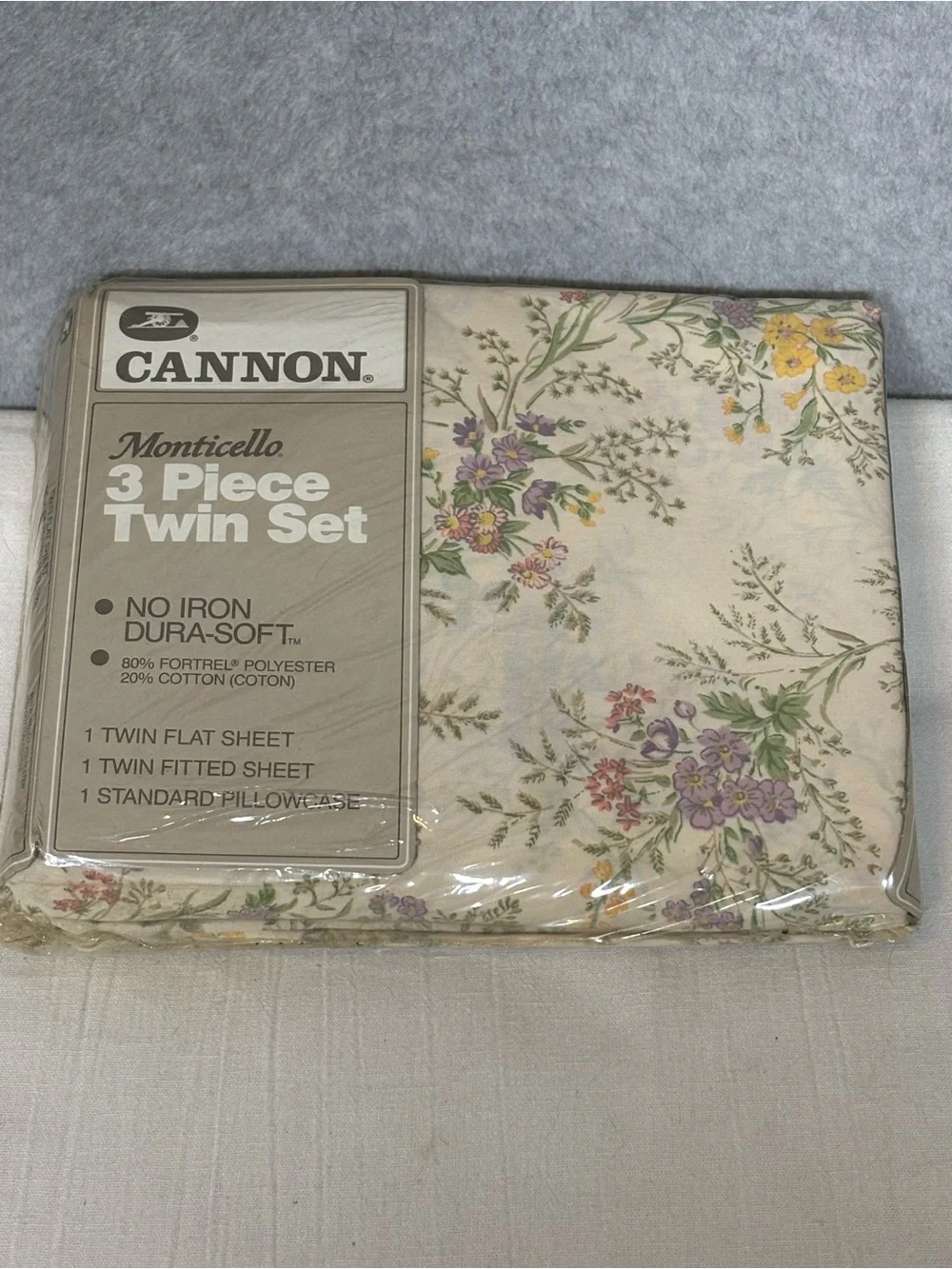 Vintage Cannon Monticello No-Iron Dura-Soft 3-Piece Floral Twin Sheet Linens Set